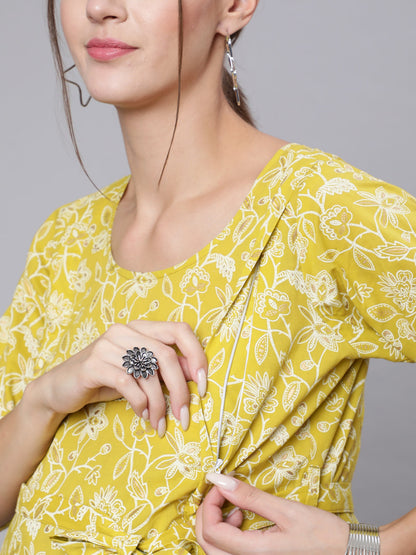 Women Green Ethnic Printrted Maternity Dress With Three Quarter Sleeves | LASVINI - Redefining Indian Fashion with Elegance