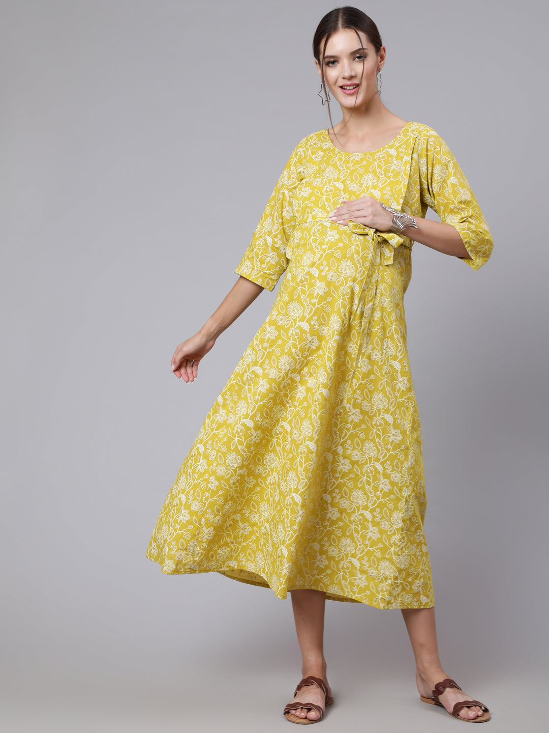 Women Green Ethnic Printrted Maternity Dress With Three Quarter Sleeves | LASVINI - Redefining Indian Fashion with Elegance