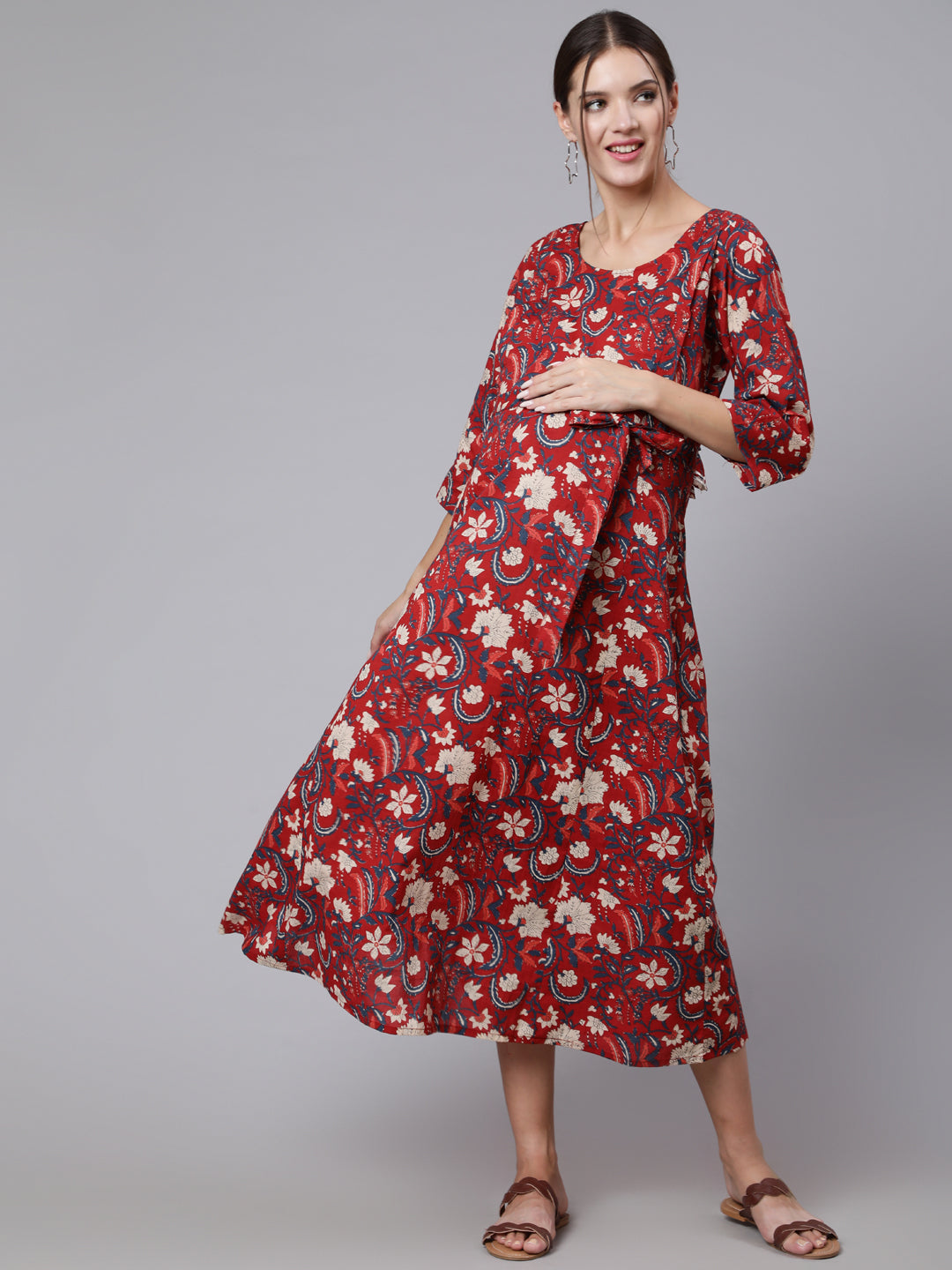 Women Maroon Ethinc Printed Flared Maternity Dress | LASVINI - Redefining Indian Fashion with Elegance