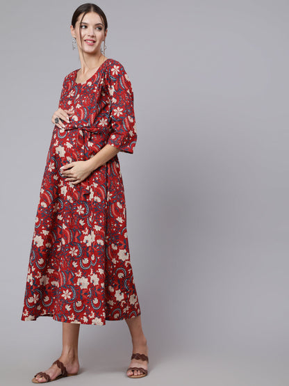 Women Maroon Ethinc Printed Flared Maternity Dress | LASVINI - Redefining Indian Fashion with Elegance