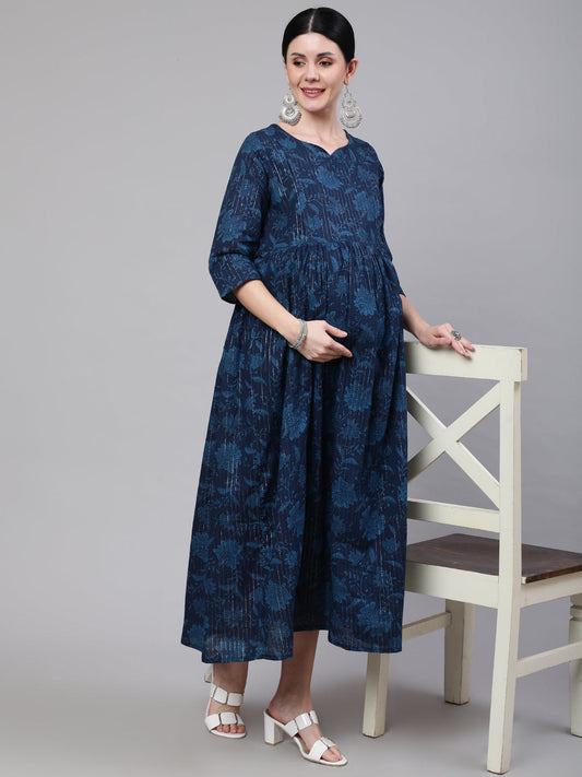 Women Navy Blue Ethinc Printed Flared Maternity Dress | LASVINI - Redefining Indian Fashion with Elegance