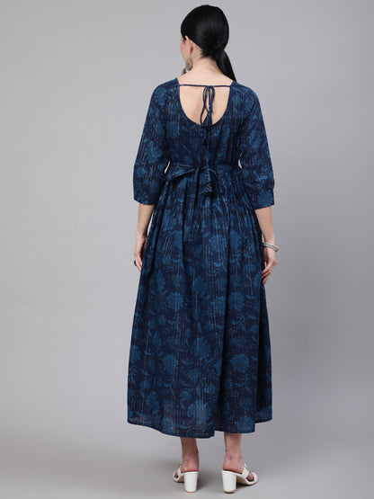 Women Navy Blue Ethinc Printed Flared Maternity Dress | LASVINI - Redefining Indian Fashion with Elegance