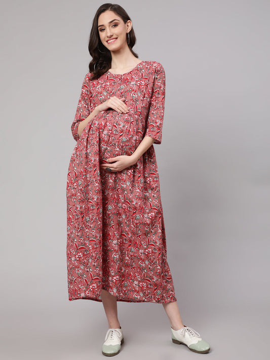 Women Mauve Floral Printed Flared Maternity Dress | LASVINI - Redefining Indian Fashion with Elegance