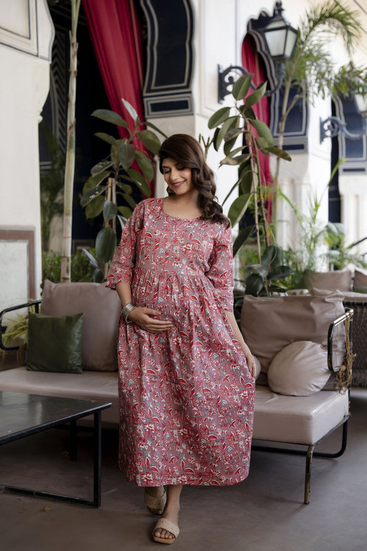 Women Mauve Floral Printed Flared Maternity Dress | LASVINI - Redefining Indian Fashion with Elegance
