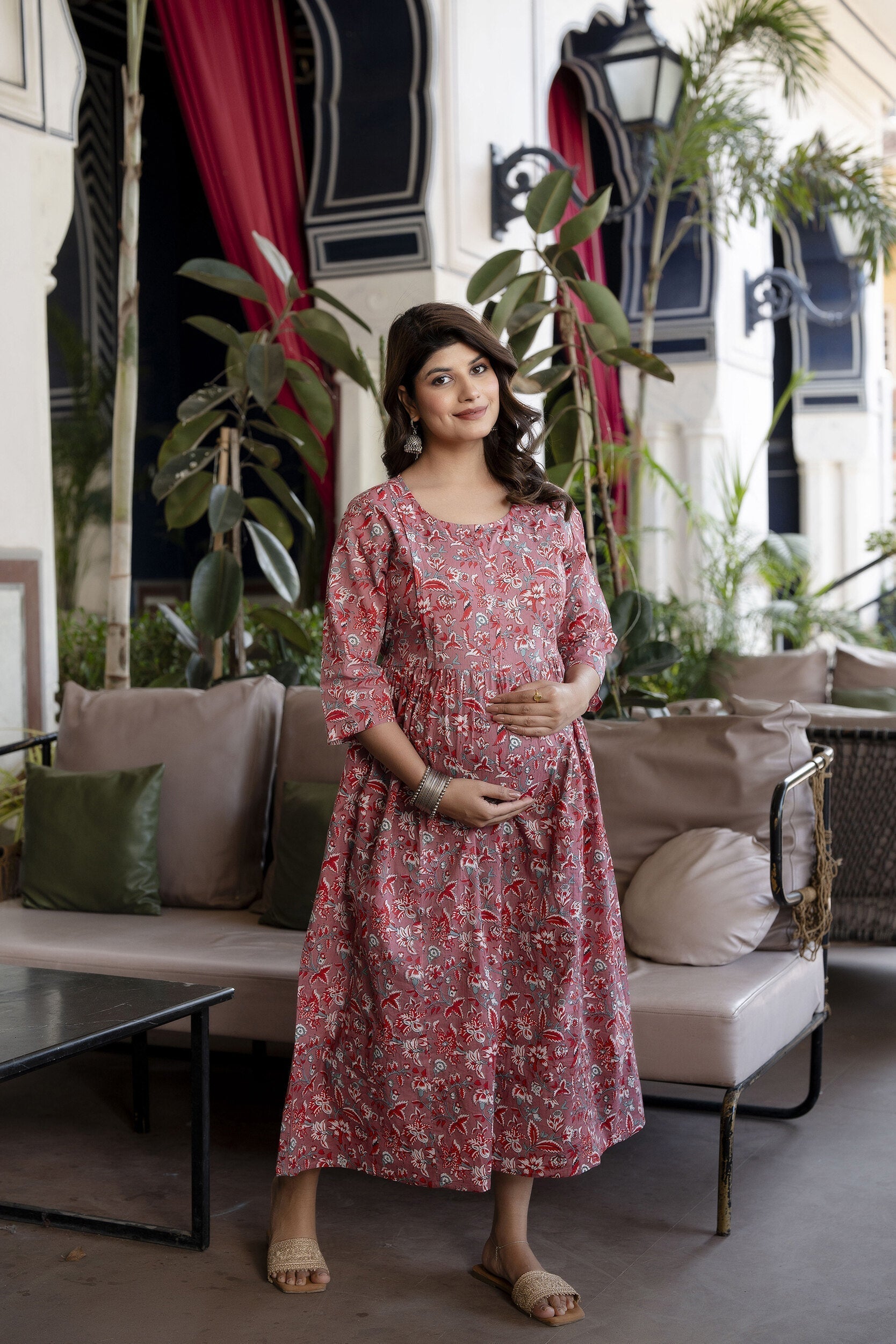 Women Mauve Floral Printed Flared Maternity Dress | LASVINI - Redefining Indian Fashion with Elegance