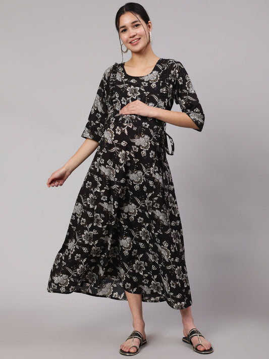 Women Black Floral Printed Flared Maternity Dress | LASVINI - Redefining Indian Fashion with Elegance