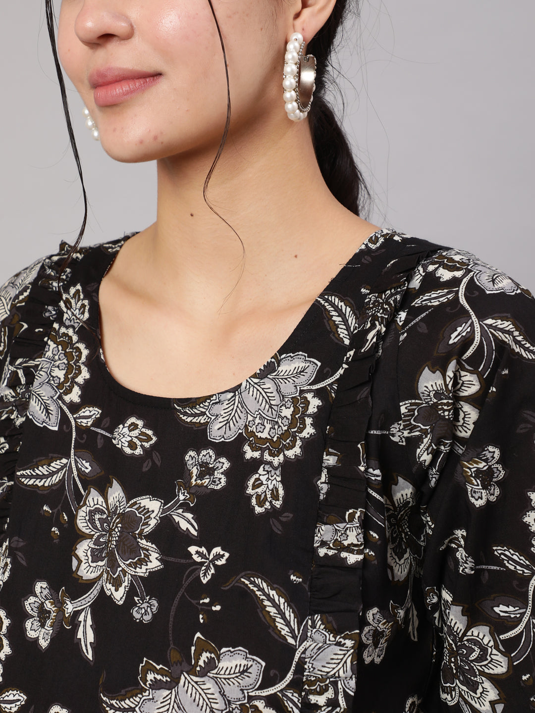 Women Black Floral Printed Flared Maternity Dress | LASVINI - Redefining Indian Fashion with Elegance