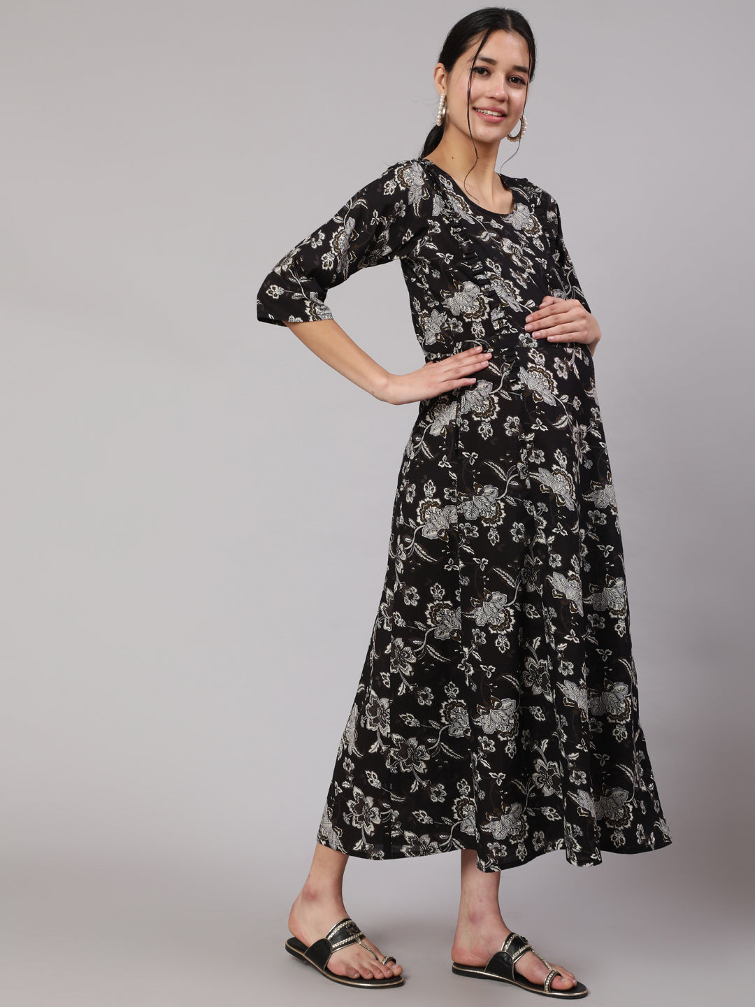 Women Black Floral Printed Flared Maternity Dress | LASVINI - Redefining Indian Fashion with Elegance