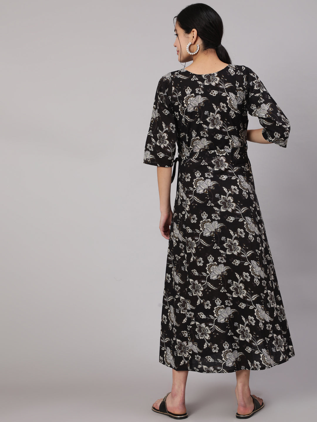 Women Black Floral Printed Flared Maternity Dress | LASVINI - Redefining Indian Fashion with Elegance