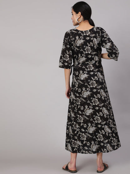 Women Black Floral Printed Flared Maternity Dress | LASVINI - Redefining Indian Fashion with Elegance