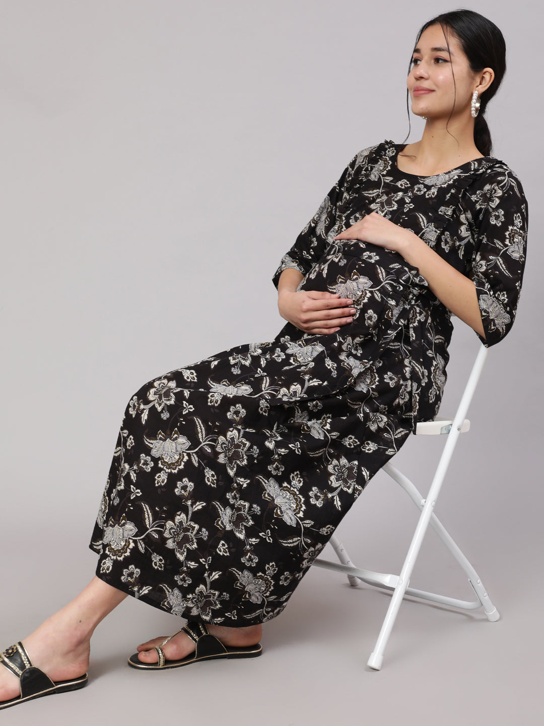 Women Black Floral Printed Flared Maternity Dress | LASVINI - Redefining Indian Fashion with Elegance