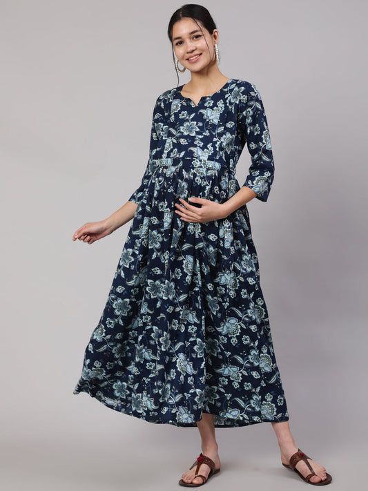 Women Blue Floral Printed Flared Maternity Dress | LASVINI - Redefining Indian Fashion with Elegance