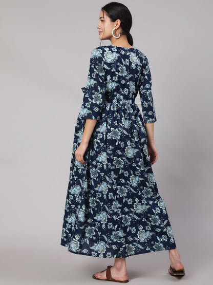 Women Blue Floral Printed Flared Maternity Dress | LASVINI - Redefining Indian Fashion with Elegance