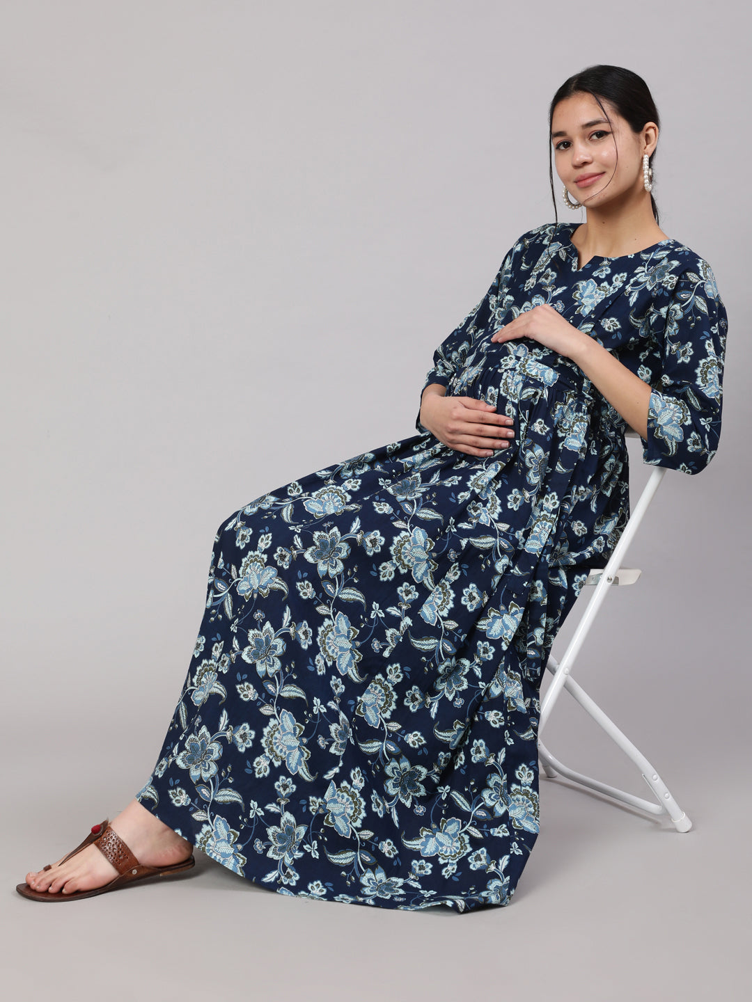 Women Blue Floral Printed Flared Maternity Dress | LASVINI - Redefining Indian Fashion with Elegance