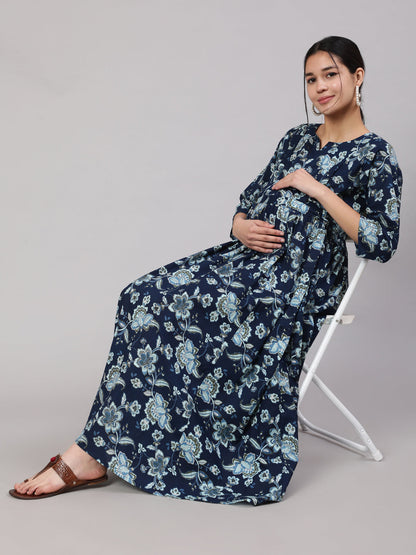 Women Blue Floral Printed Flared Maternity Dress | LASVINI - Redefining Indian Fashion with Elegance