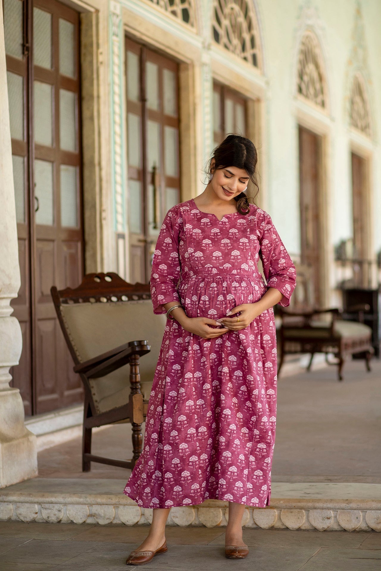 Women Pink Floral Printed Flared Maternity Dress | LASVINI - Redefining Indian Fashion with Elegance