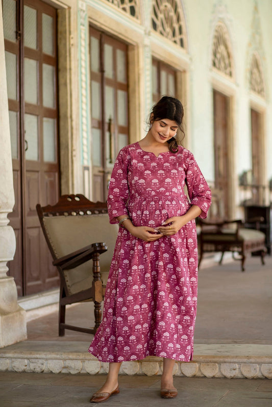 Women Pink Floral Printed Flared Maternity Dress | LASVINI - Redefining Indian Fashion with Elegance