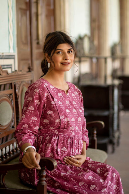 Women Pink Floral Printed Flared Maternity Dress | LASVINI - Redefining Indian Fashion with Elegance