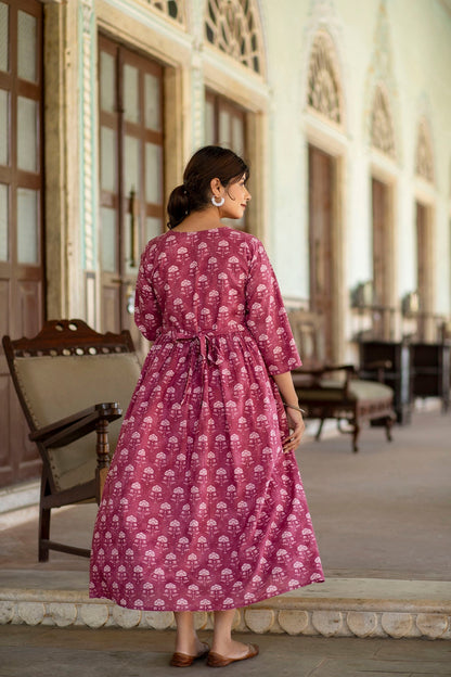 Women Pink Floral Printed Flared Maternity Dress | LASVINI - Redefining Indian Fashion with Elegance