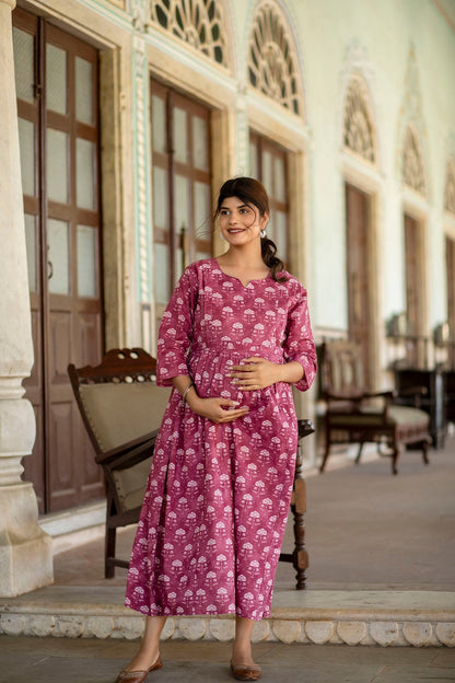 Women Pink Floral Printed Flared Maternity Dress | LASVINI - Redefining Indian Fashion with Elegance