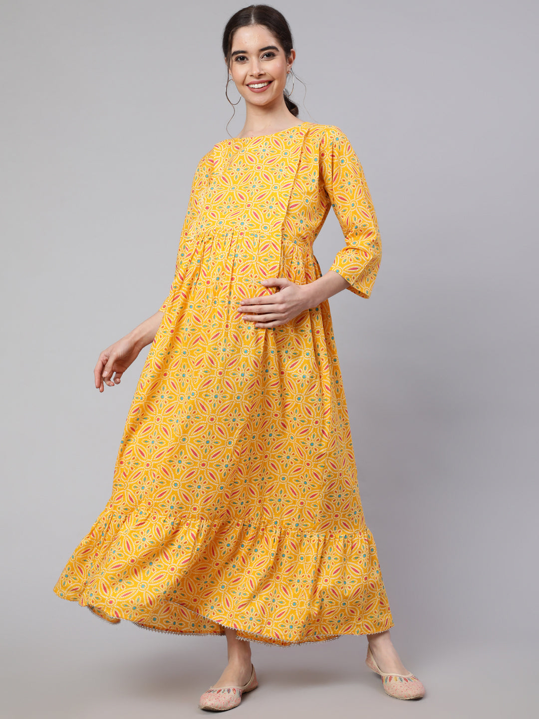 Women Yellow Ethnic Printed Flared Maternity Dress | LASVINI - Redefining Indian Fashion with Elegance