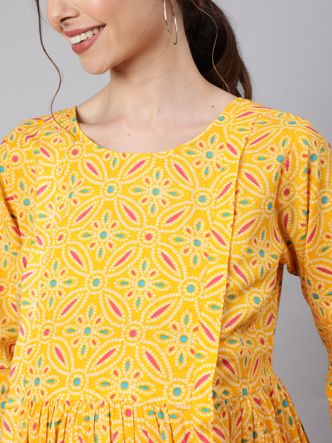 Women Yellow Ethnic Printed Flared Maternity Dress | LASVINI - Redefining Indian Fashion with Elegance