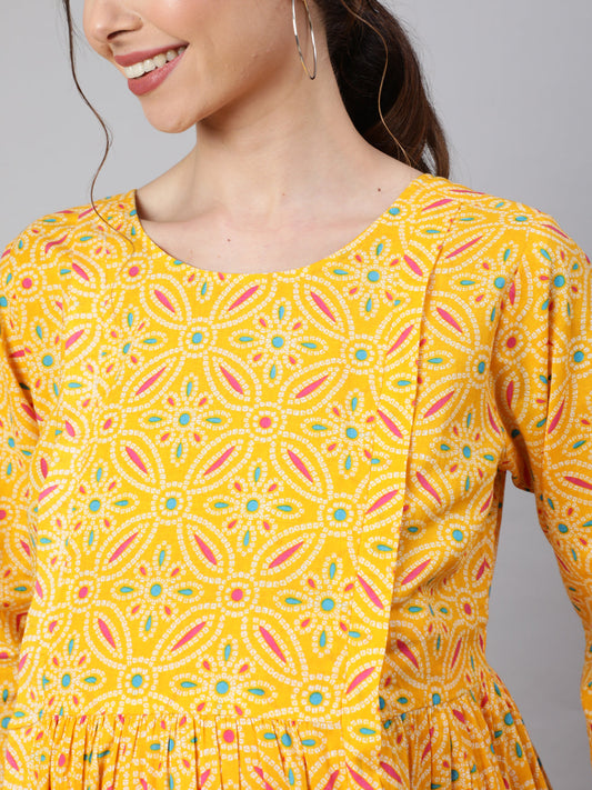 Women Yellow Ethnic Printed Flared Maternity Dress | LASVINI - Redefining Indian Fashion with Elegance