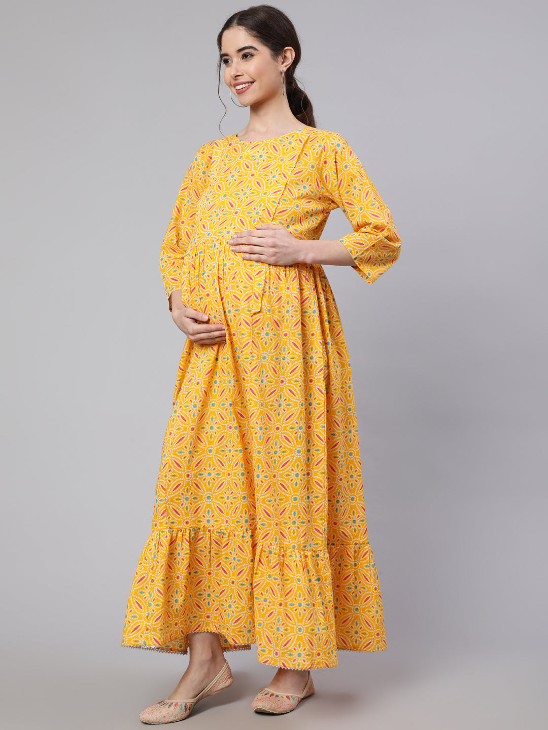 Women Yellow Ethnic Printed Flared Maternity Dress | LASVINI - Redefining Indian Fashion with Elegance