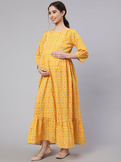 Women Yellow Ethnic Printed Flared Maternity Dress | LASVINI - Redefining Indian Fashion with Elegance