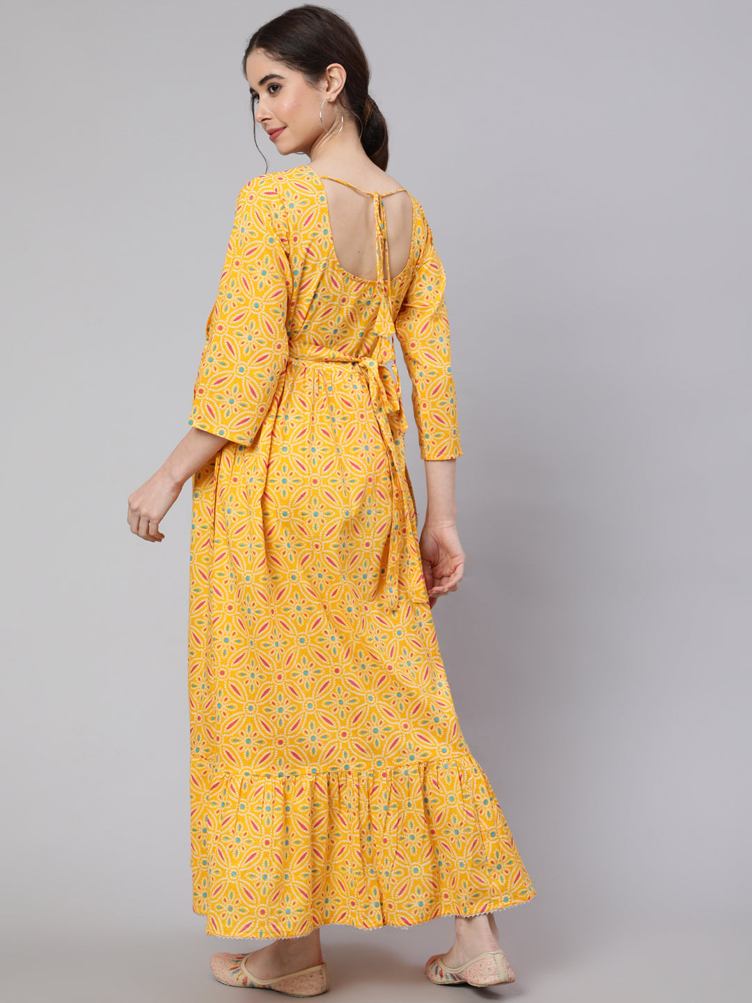 Women Yellow Ethnic Printed Flared Maternity Dress | LASVINI - Redefining Indian Fashion with Elegance