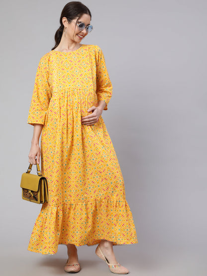 Women Yellow Ethnic Printed Flared Maternity Dress | LASVINI - Redefining Indian Fashion with Elegance