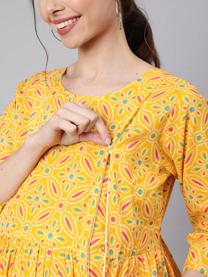 Women Yellow Ethnic Printed Flared Maternity Dress | LASVINI - Redefining Indian Fashion with Elegance
