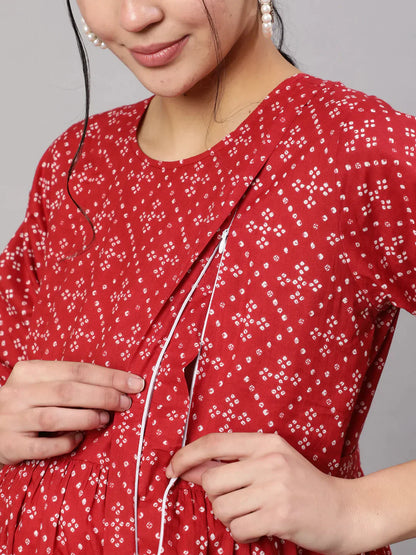 Women Maroon Printed Flared Maternity Dress | LASVINI - Redefining Indian Fashion with Elegance