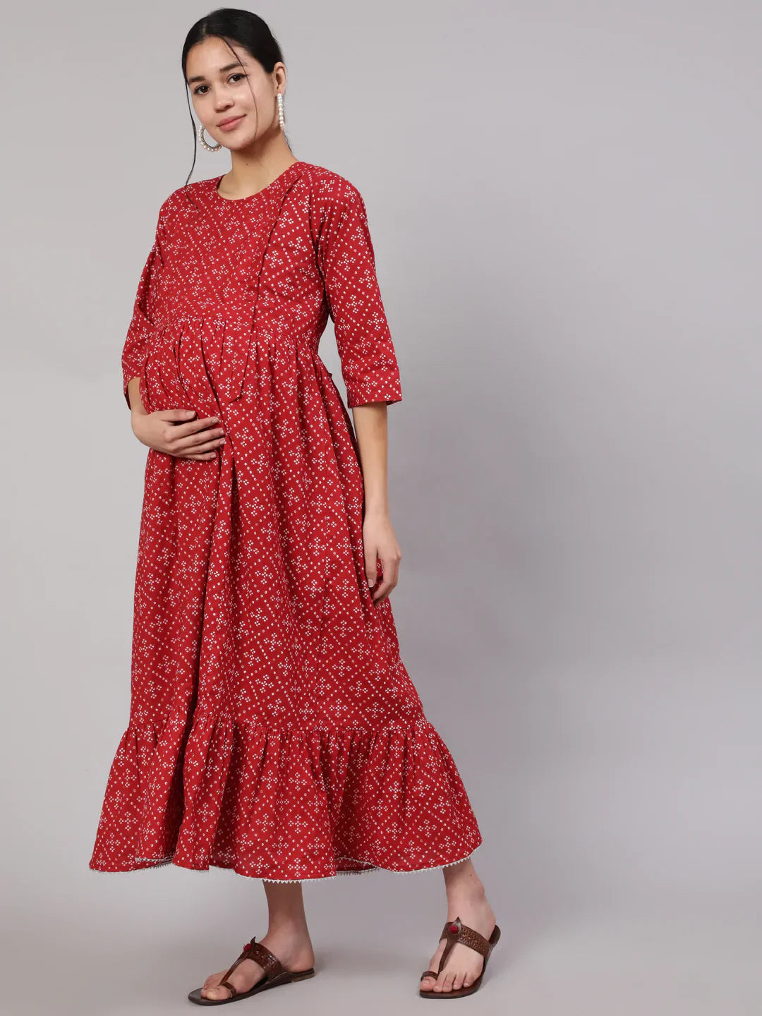 Women Maroon Printed Flared Maternity Dress | LASVINI - Redefining Indian Fashion with Elegance