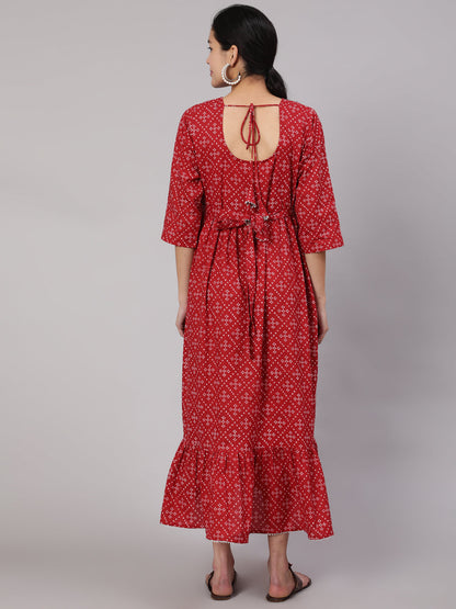 Women Maroon Printed Flared Maternity Dress | LASVINI - Redefining Indian Fashion with Elegance