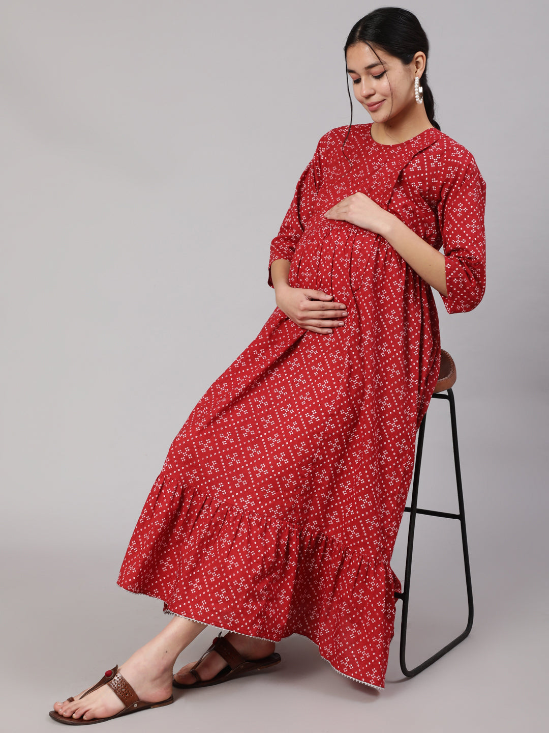 Women Maroon Printed Flared Maternity Dress | LASVINI - Redefining Indian Fashion with Elegance