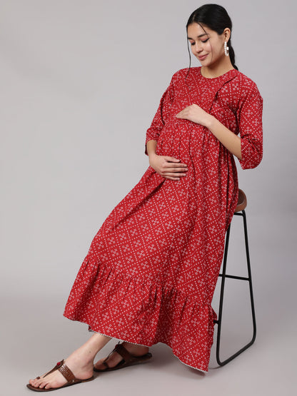 Women Maroon Printed Flared Maternity Dress | LASVINI - Redefining Indian Fashion with Elegance
