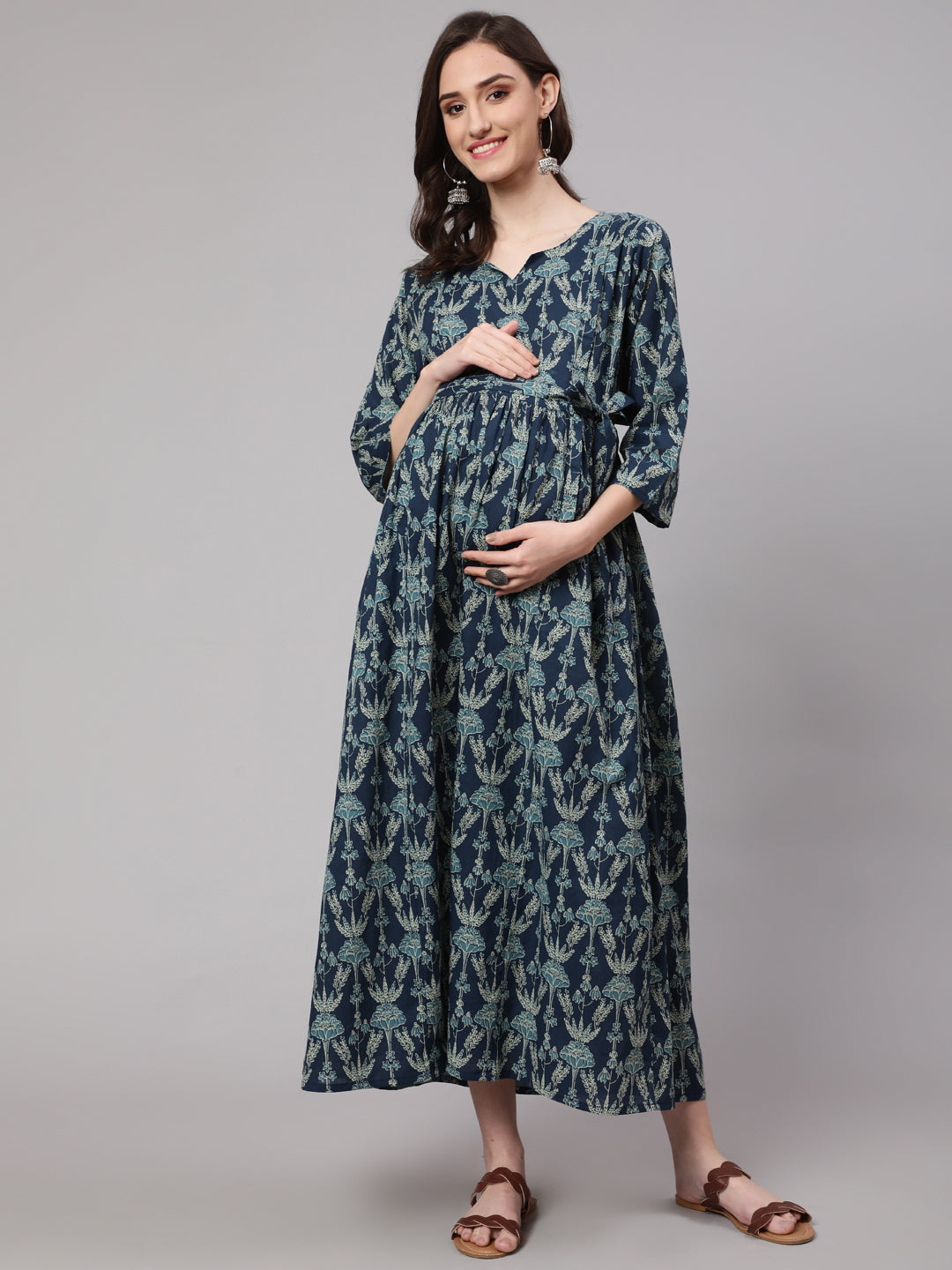 Women Blue Printed Flared Maternity Dress | LASVINI - Redefining Indian Fashion with Elegance
