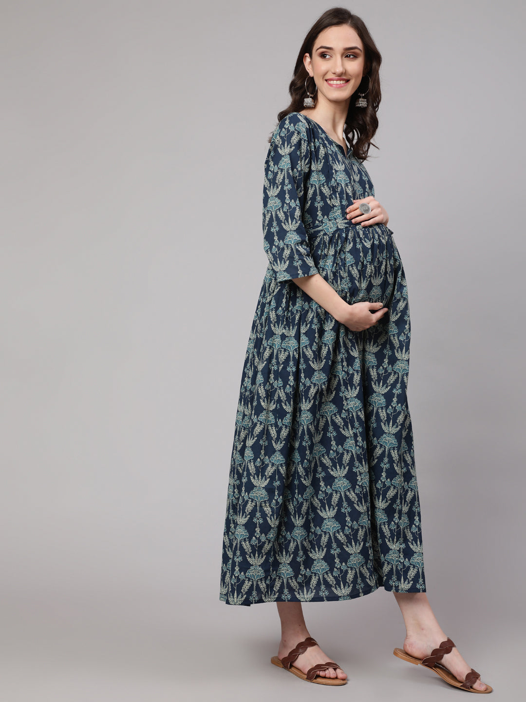 Women Blue Printed Flared Maternity Dress | LASVINI - Redefining Indian Fashion with Elegance