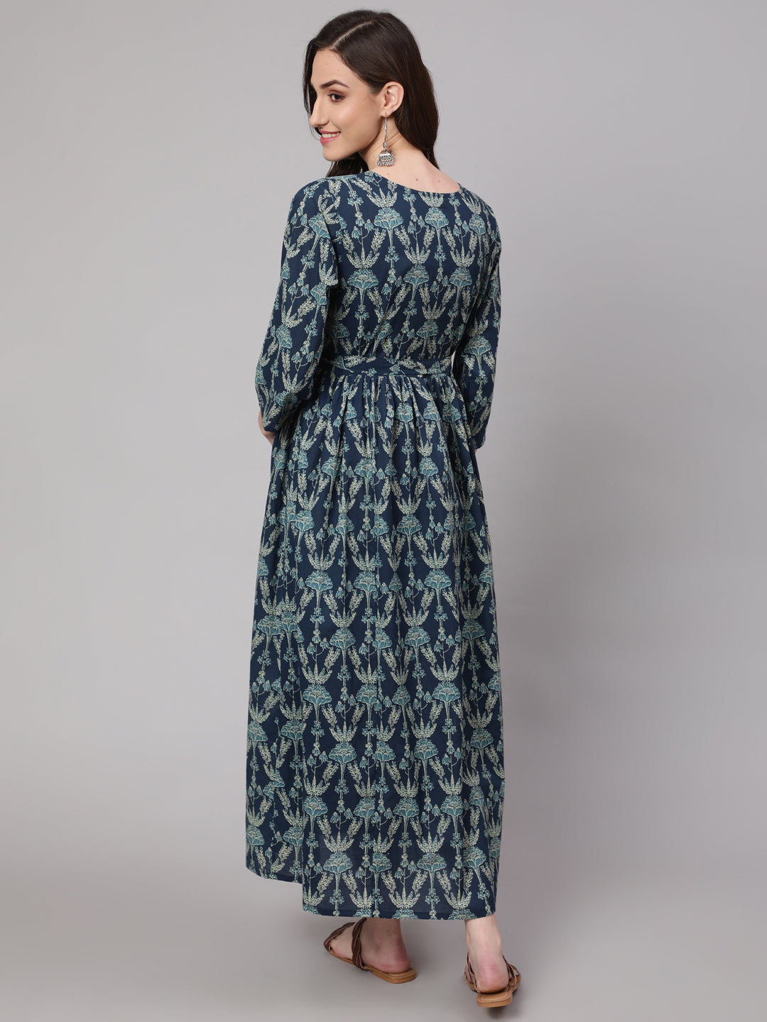 Women Blue Printed Flared Maternity Dress | LASVINI - Redefining Indian Fashion with Elegance