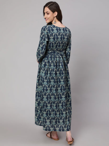 Women Blue Printed Flared Maternity Dress | LASVINI - Redefining Indian Fashion with Elegance