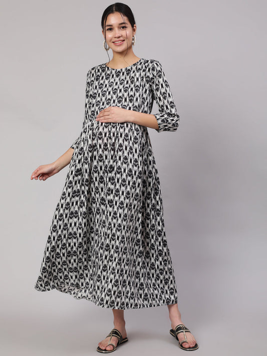 Women Black Geometric Printed Flared Maternity Dress | LASVINI - Redefining Indian Fashion with Elegance