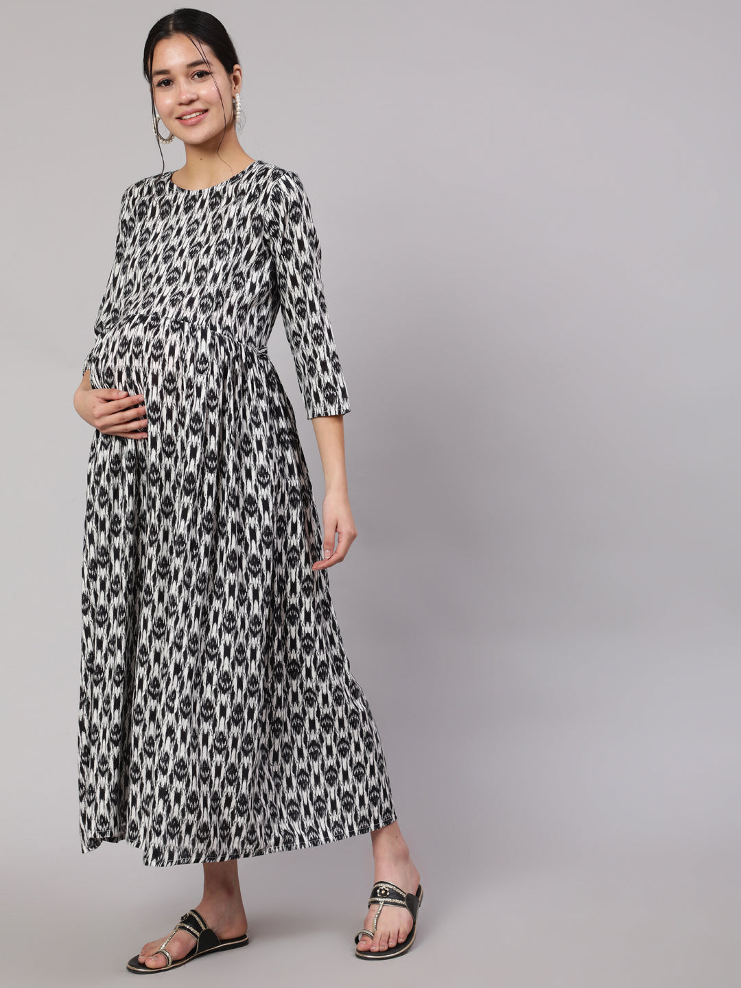 Women Black Geometric Printed Flared Maternity Dress | LASVINI - Redefining Indian Fashion with Elegance