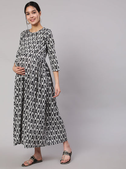 Women Black Geometric Printed Flared Maternity Dress | LASVINI - Redefining Indian Fashion with Elegance