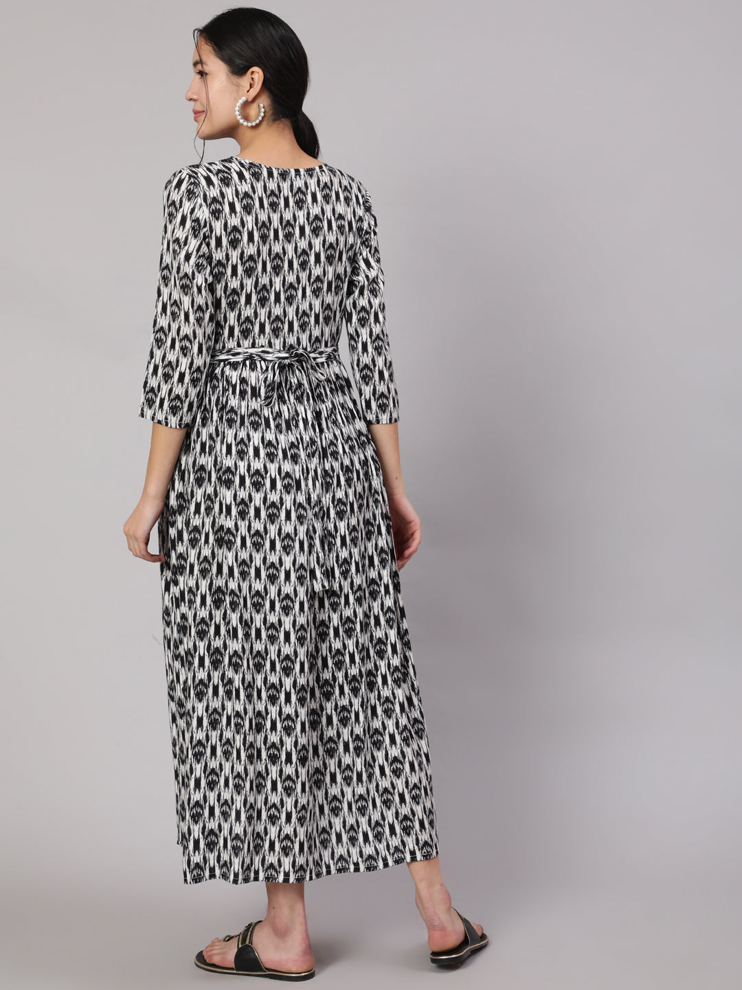 Women Black Geometric Printed Flared Maternity Dress | LASVINI - Redefining Indian Fashion with Elegance