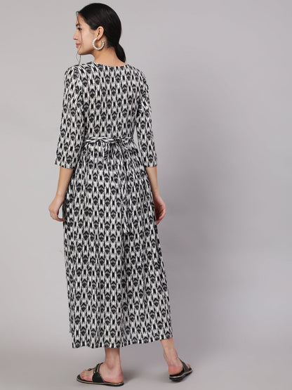 Women Black Geometric Printed Flared Maternity Dress | LASVINI - Redefining Indian Fashion with Elegance