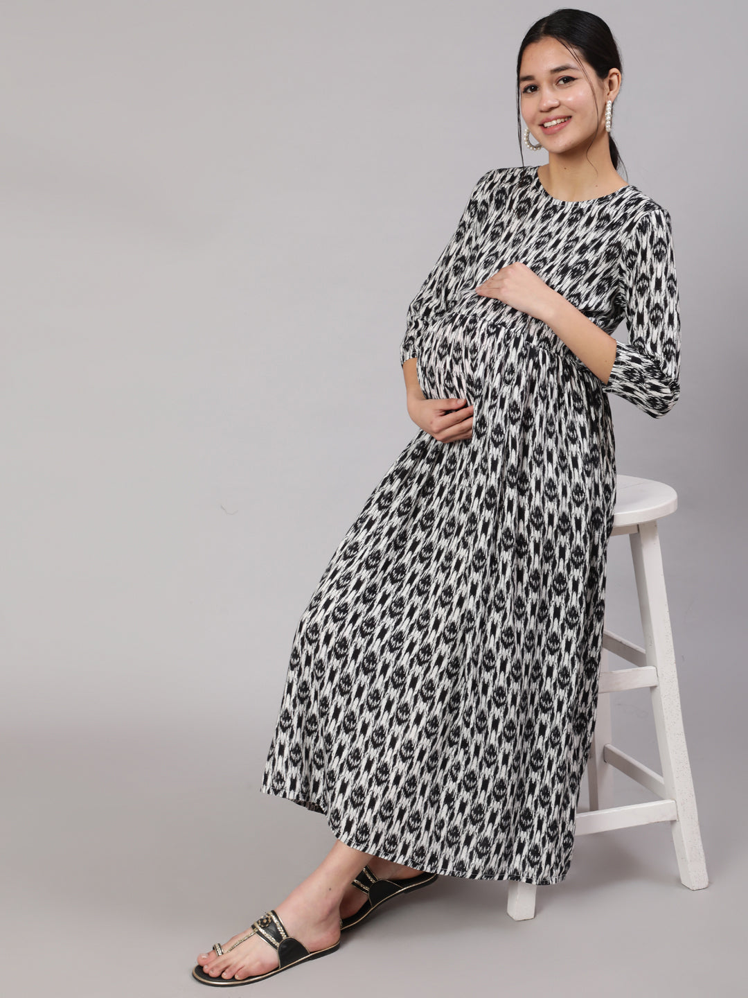 Women Black Geometric Printed Flared Maternity Dress | LASVINI - Redefining Indian Fashion with Elegance