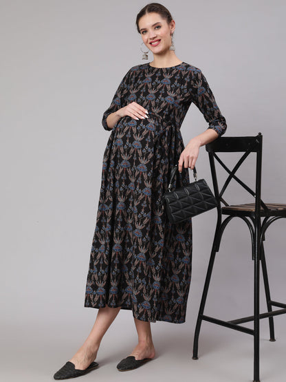 Women Black Floral Printed Flared Maternity Dress | LASVINI - Redefining Indian Fashion with Elegance