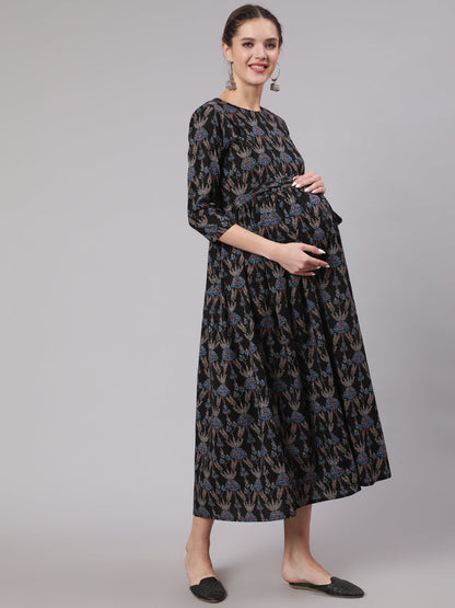 Women Black Floral Printed Flared Maternity Dress | LASVINI - Redefining Indian Fashion with Elegance