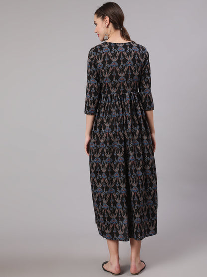 Women Black Floral Printed Flared Maternity Dress | LASVINI - Redefining Indian Fashion with Elegance